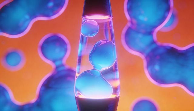 Glowing lava lamp revealing suspended blue wax blobs, neon retro surreal gradient