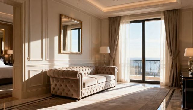 Sunlit luxury suite featuring tufted chesterfield sofa, sliding doors and sea balcony view