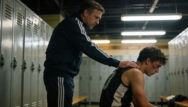 Coach comforting injured basketball player in locker room showing support and resilience