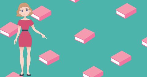 Animated woman presenting with floating books on green background