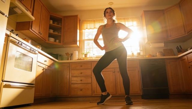 Sunlit woman posing in kitchen after morning workout, hands on hips, confident, natural light