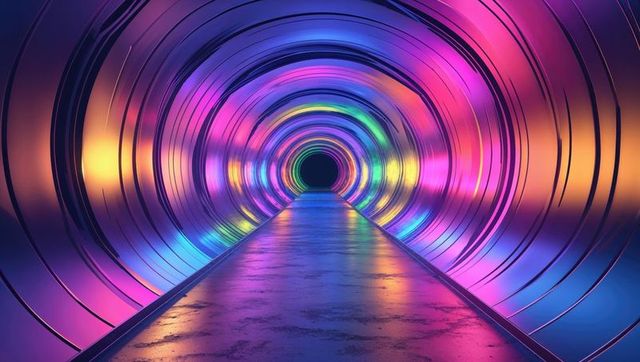 Futuristic Neon Tunnel with Vibrant Glow and Metallic Design