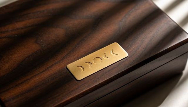 Handcrafted walnut keepsake box with brass moon-phase plaque, sunlit woodgrain detail