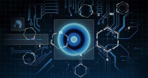 Futuristic holographic interface with molecular diagrams