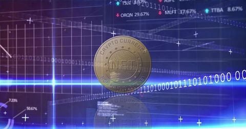 Nft coin hovering over digital trading dashboard with neon binary code and market charts