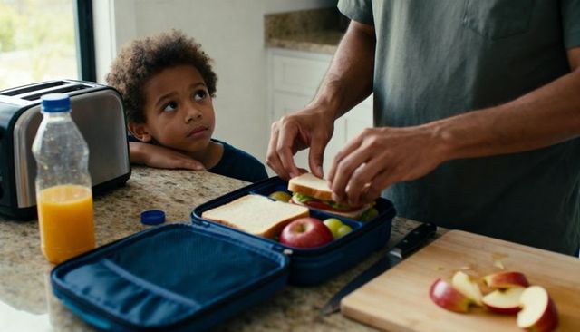 Dad packing healthy school lunch while child watching on kitchen counter morning routine