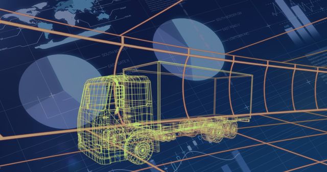 Holographic 3D model of truck overlayed on finance-related digital interface. Represents intersection of technology and business, useful for tech, trucking services, logistics, future transportation innovations, and financial analysis related applications.