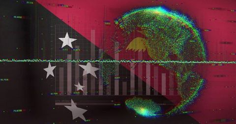 Glitched pixelated globe over data dashboard for futuristic tech concept