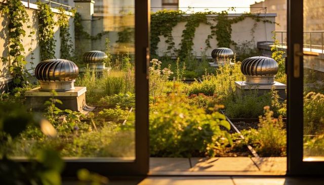 Sunlit rooftop garden framed through glass door with turbine vents and lush planted beds