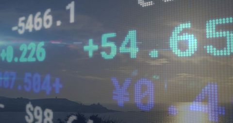 Pixelated Global Financial Data with Currency Symbols at Dusk