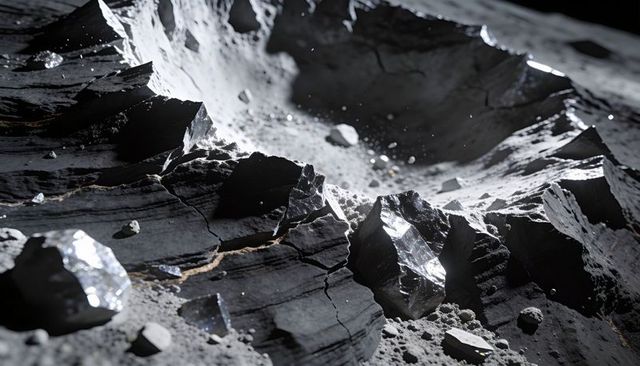 Glinting lunar crater rim reflecting sunlight on jagged basalt outcrop with glass shards
