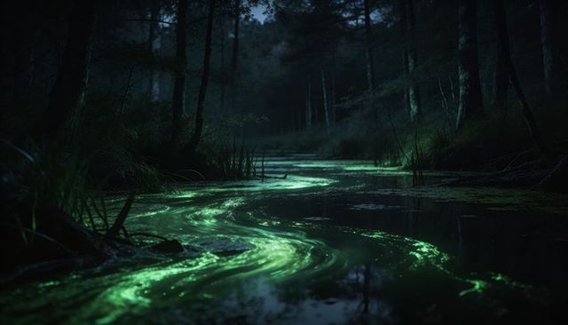 Bioluminescent swamp stream at night with glowing green algae and misty pine forest glow