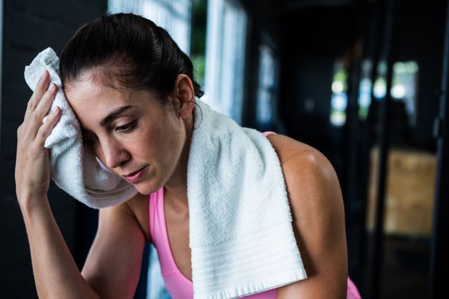 Female athlete wiping sweat with towel in gym after workout. Ideal for fitness blogs, health and wellness articles, gym advertisements, and sports training programs.