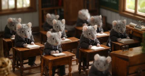 Whimsical Mice Learning in Miniature Classroom with Desks