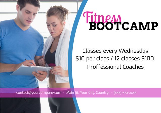 Effective fitness bootcamp promotion highlighting coach and client coordination. Can be used for online fitness programs, gym advertisements, or personal coaching services. Showcases modern exercise classes and pricing details.