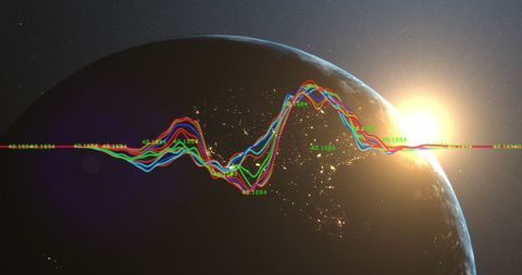 Digital Financial Data Over Globe with Rising Sun