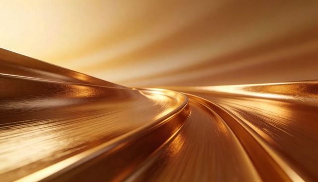 Flowing polished gold ribbon curving through glossy metallic backdrop with light streaks
