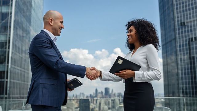 Business Professionals Sealing Partnership on Rooftop with Urban Skyline