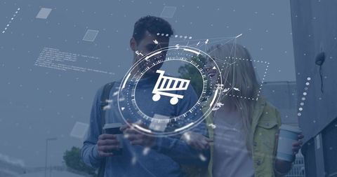 Young couple walking with coffee showing augmented reality shopping cart overlay for ecommerce ads