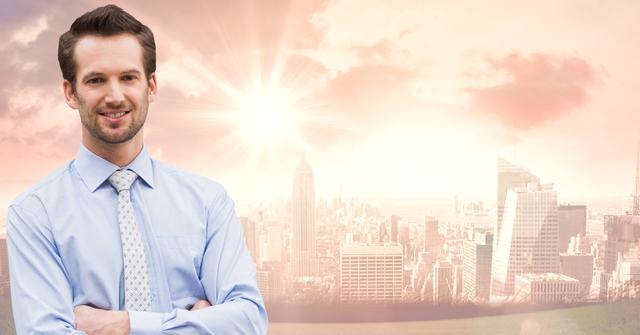 Digital composition of businessman standing with arms crossed against cityscape in the background