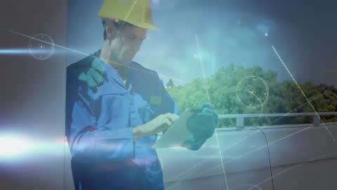 Engineer Inspecting Solar Panels with Digital Interface Overlay