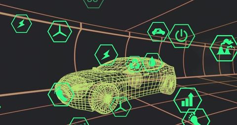 Futuristic wireframe car with digital interface in 3d tunnel