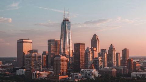Golden hour over charlotte modern skyscrapers in urban skyline