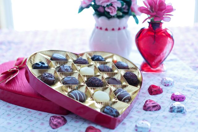 Heart-shaped box of assorted chocolates open on a table, surrounded by pink and red roses. Ideal for romantic atmosphere visuals, Valentine's Day promotions, and gift-related advertisements. Great for marketing campaigns that focus on love, affection, and special occasions.