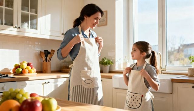 Mother and daughter adjusting matching aprons in sunlit farmhouse kitchen cooking together