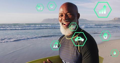 Smiling Senior Surfer with Green Data Icons, Eco-Friendly Hydration Theme