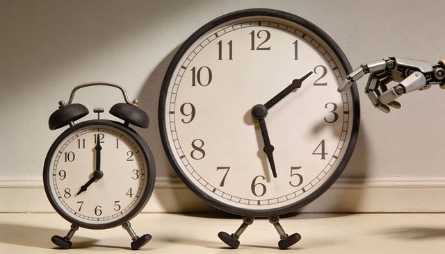 Robot hand reaching vintage alarm clocks symbolizing automation, time and change