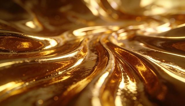 Rippling liquid gold surface shimmering with metallic ridges, warm highlights and bokeh