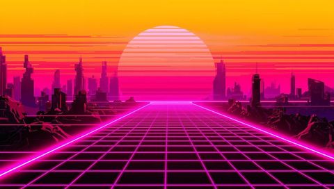 Neon grid highway leading toward glowing banded sun over futuristic cyberpunk skyline