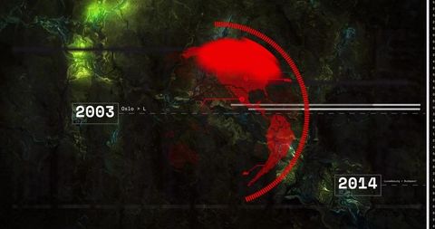 Red hud globe timeline showing americas with futuristic digital data overlay and chronology