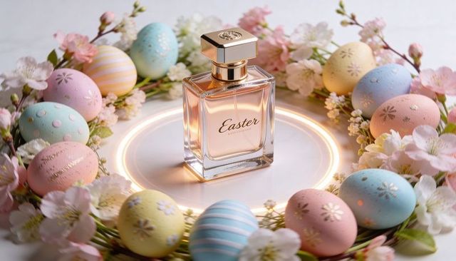 Easter perfume bottle showcasing gold cap, pastel decorated eggs and soft led glow