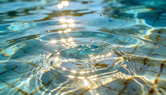 Turquoise pool rippling from central droplet creating sparkling sunlit caustics and shimmer