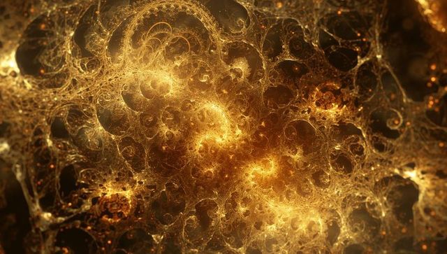Glowing golden fractal spiral with luminous lace tendrils and cosmic filament texture