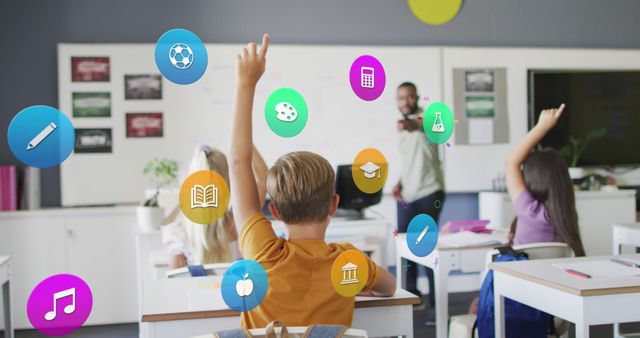 Children sit in a modern classroom, raising their hands to answer questions from the teacher. Colorful educational icons such as mathematics, science, art, and sports float in the foreground. This visual emphasizes the integration of technology and interactive learning in contemporary education settings, making it suitable for use in educational publications, school promotional materials, and technology in education articles.