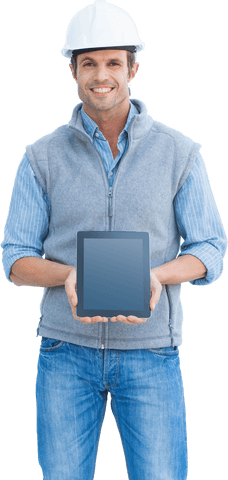 Smiling Architect Presenting Digital Tablet with Transparent Background - Download Free Stock Videos Pikwizard.com