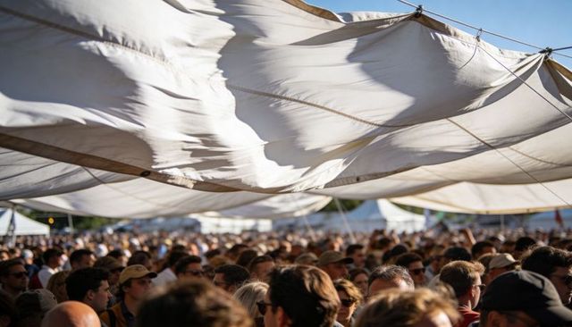 Sunlit crowd gathering under flowing canvas canopies at outdoor music festival