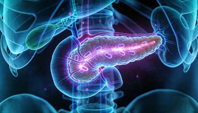 Glowing pancreas with neon duct network and abdominal organs 3D medical illustration