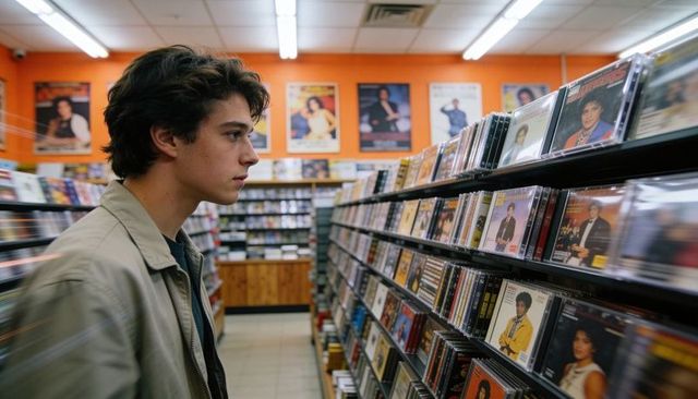 Teen browsing cd racks in retro music shop with orange walls and framed posters