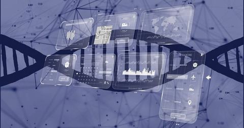 Futuristic digital interface with dna helix and global connectivity