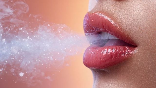 Glossy pout blowing sparkling vapor plume close-up macro beauty makeup concept campaigns