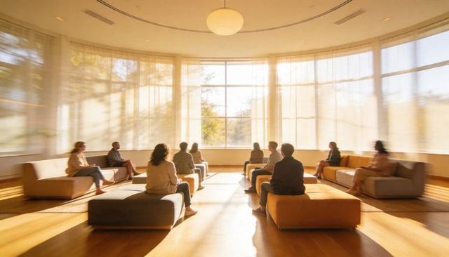 Sunlit circular meeting room with adults sitting on ottoman benches during mindfulness workshop