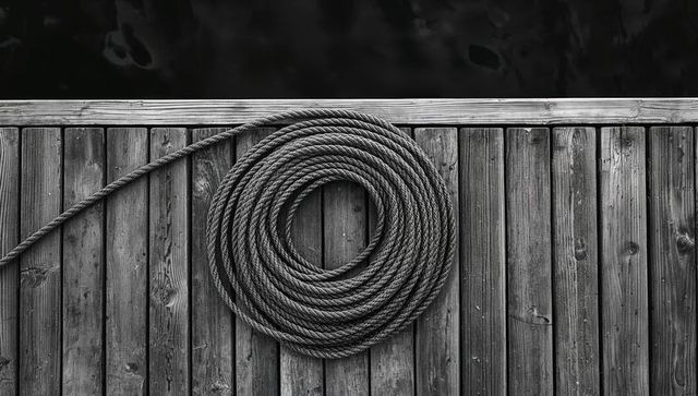 Coiled mooring rope on weathered wooden dock planks monochrome nautical texture
