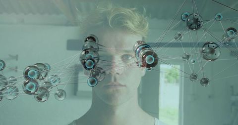 Young man with cyan metallic molecular network overlay connecting nodes and filaments