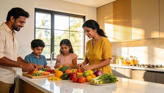 Family preparing healthy meal together on marble kitchen island with fresh vegetables