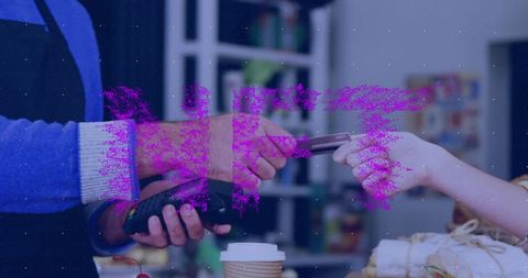 Blurred nft text over credit card payment at cafe