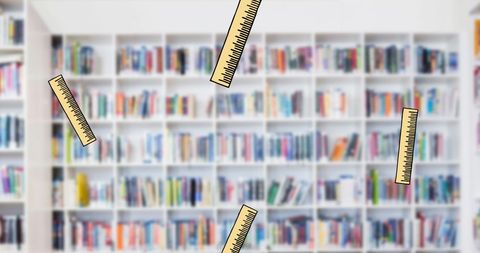 Animated rulers over library bookshelf illustrate learning